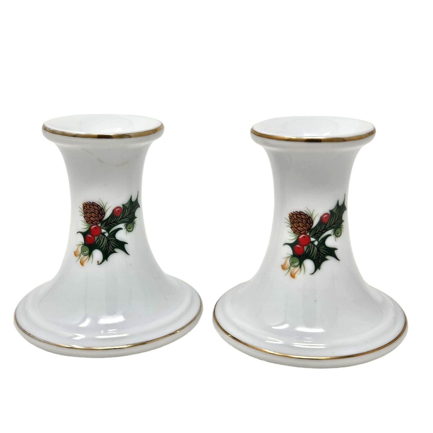 Vintage Porcelain Candlestick Set Holly Berries Pine Cones Christmas Japan