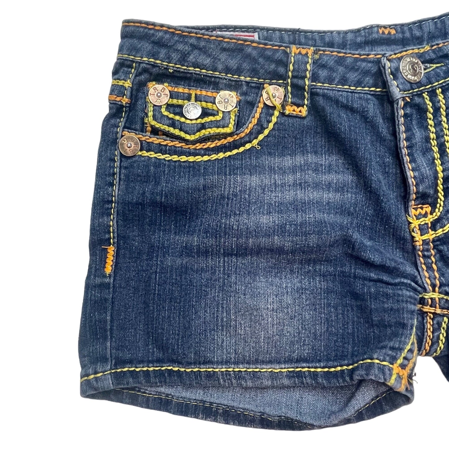 True Religion Womens 32 Joey Super T Shorts Blue Denim Thick Yellow Stitching