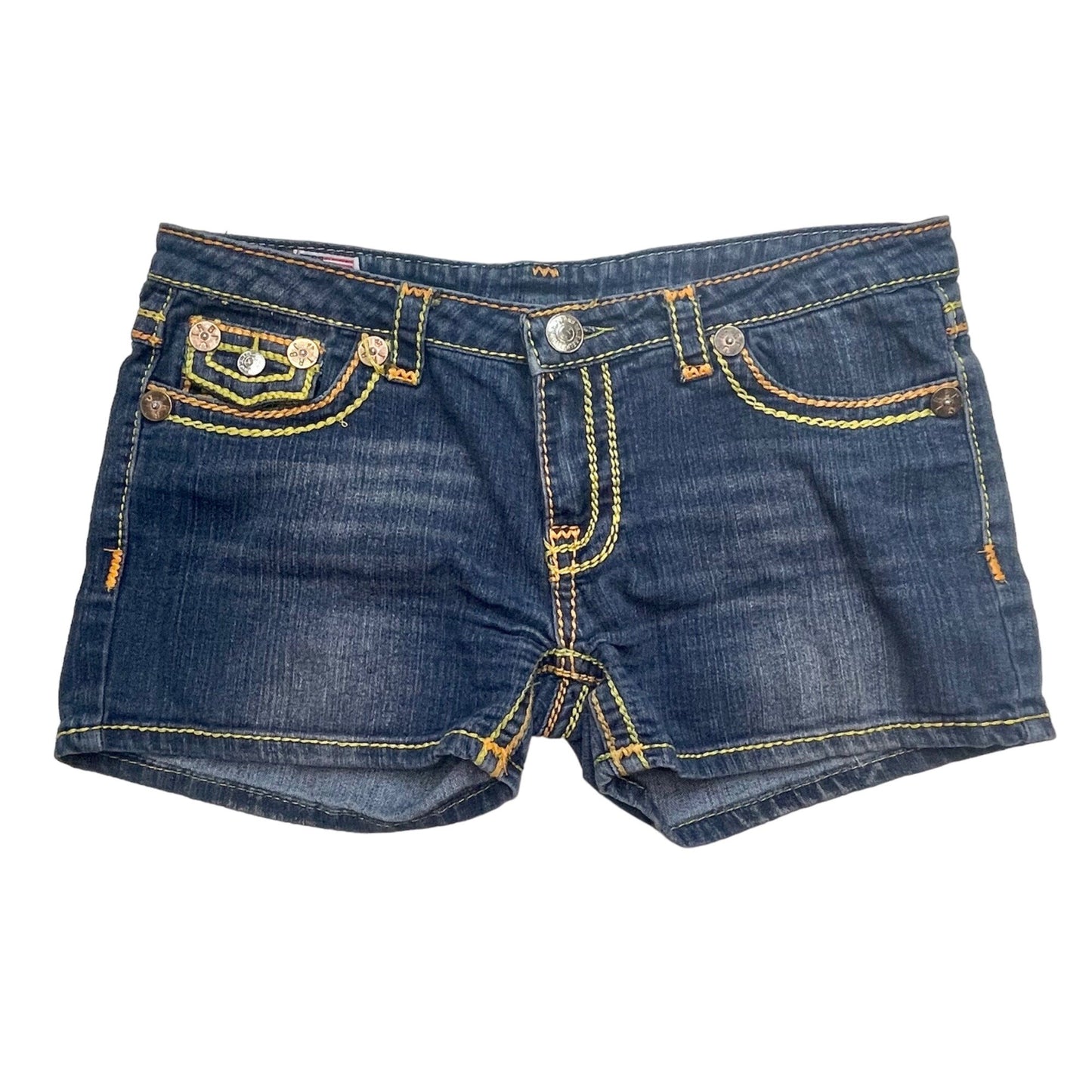 True Religion Womens 32 Joey Super T Shorts Blue Denim Thick Yellow Stitching