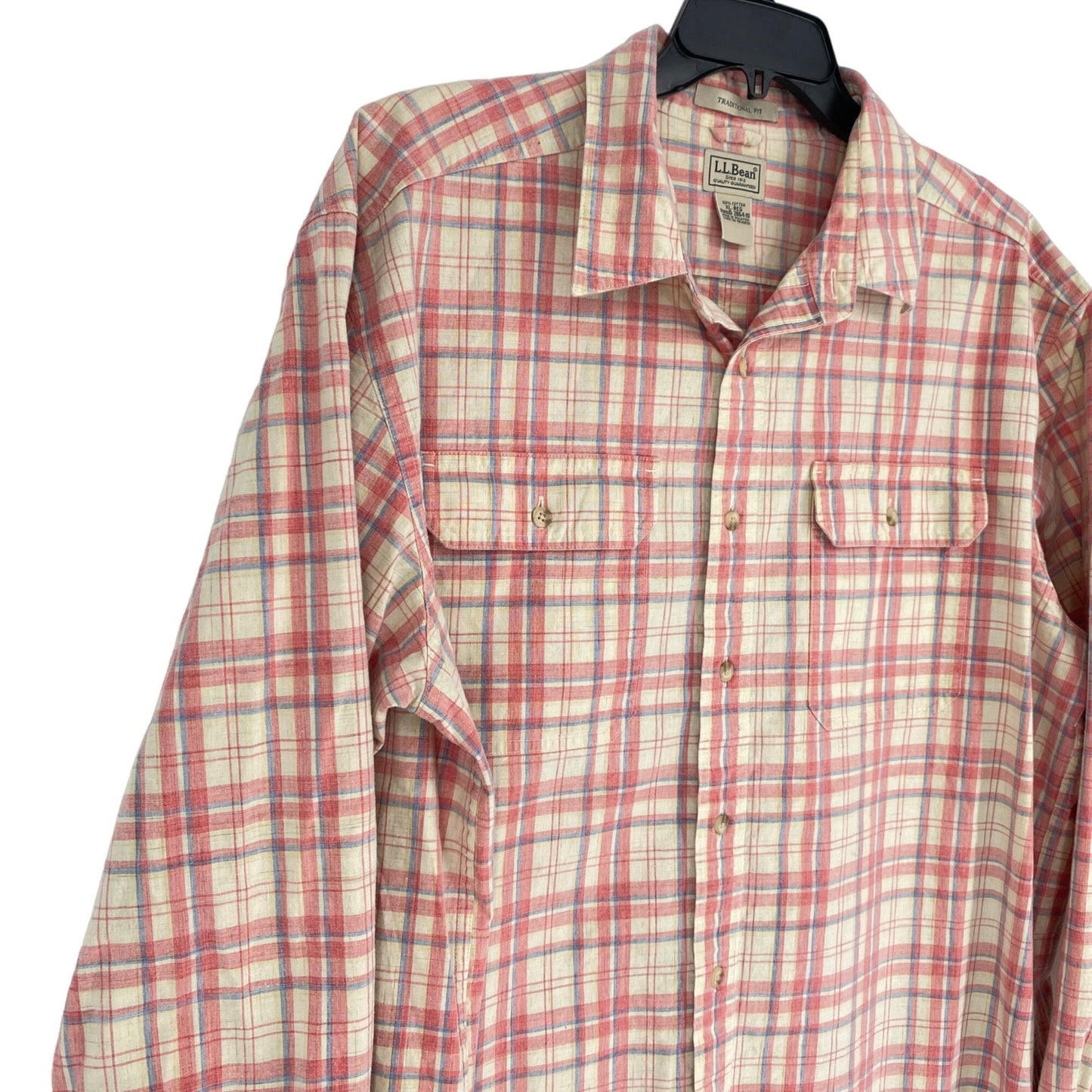 LL Bean Mens XL Plaid Shirt Button Front Pink Blue Beige Long Sleeve Pockets