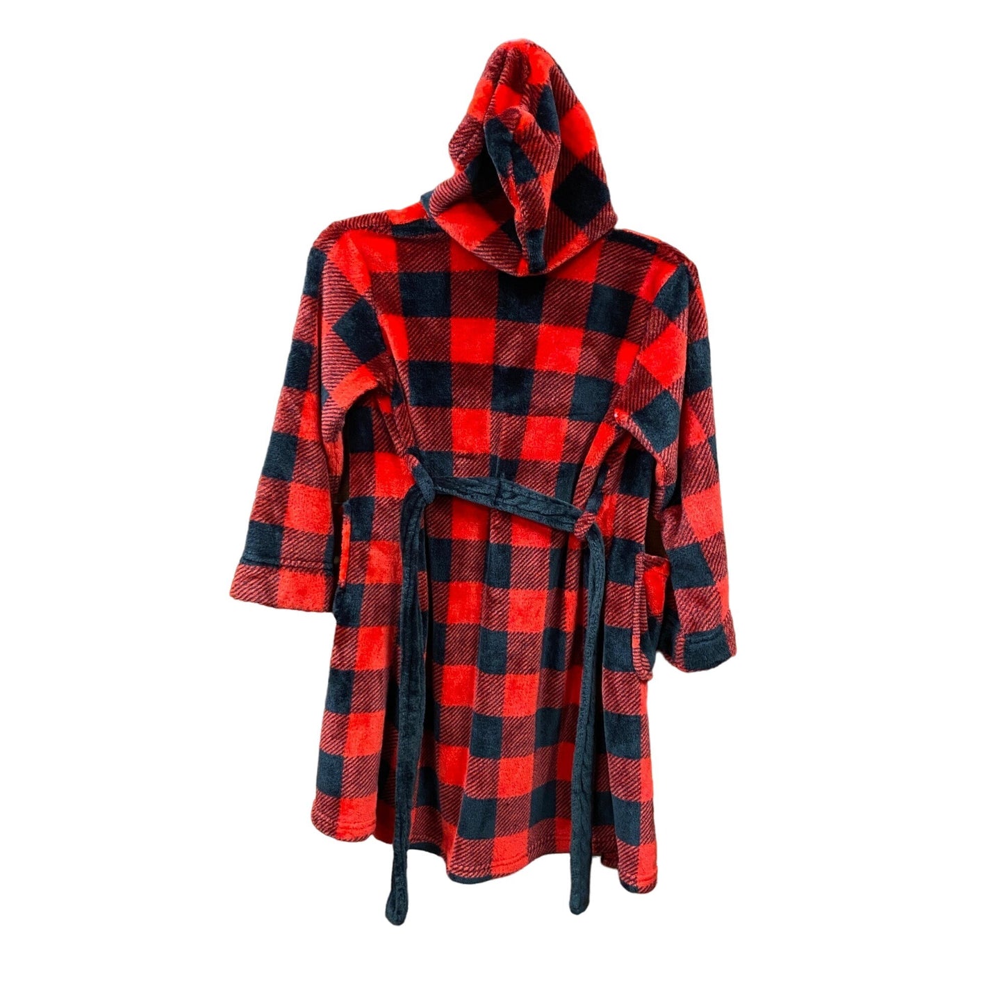 Cuddl Duds M 8/10 Youth Buffalo Plaid Plush Bath Robe Black Red Fuzzy Hooded