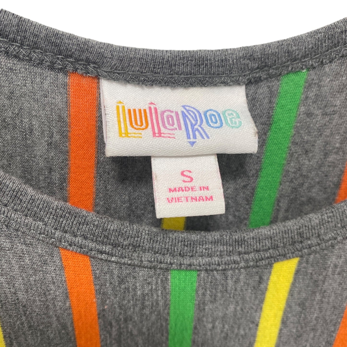 LuLaRoe S Gray Striped High Low Dress Yellow Orange Green Front Pocket Casual