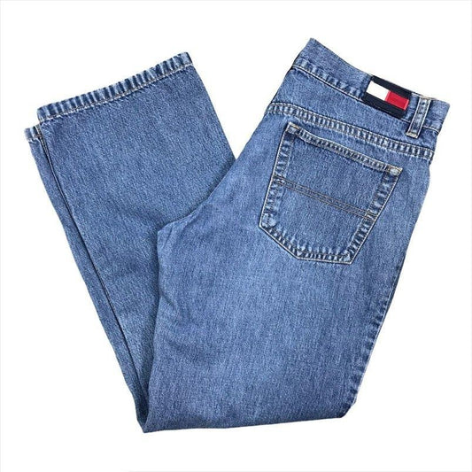 Tommy Jeans Womens 7 Cropped Blue Denim Jeans Medium Wash Straight Leg Flag Logo