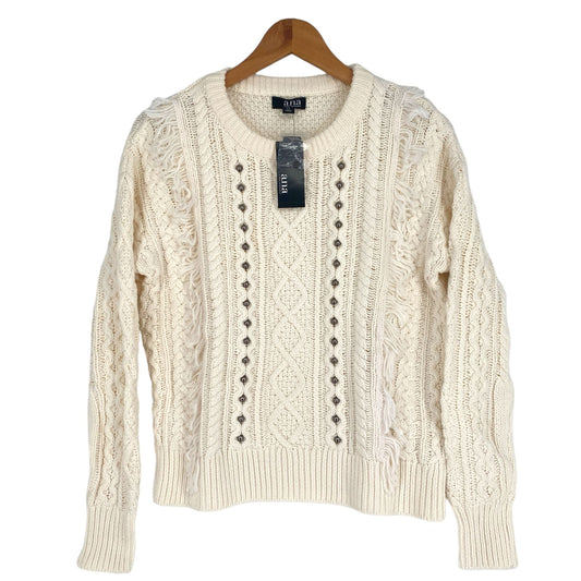 NWT ANA M Tall Ivory Fringe Beaded Sweater Boho Chunky Long Sleeve Cable Knit