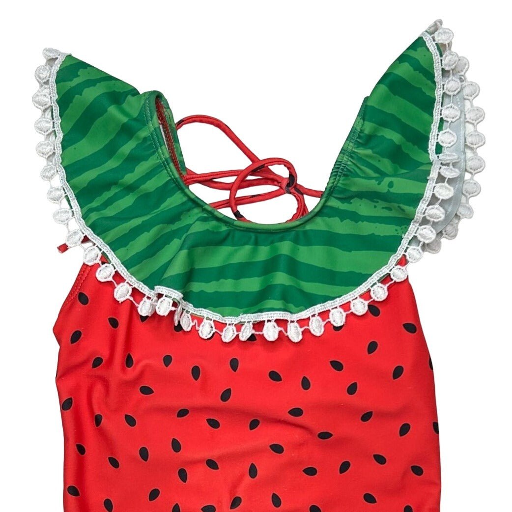 Watermelon Ruffle Swimsuit Girls Size 3X 8/9 One Piece Tie Back Ric Rac Trim