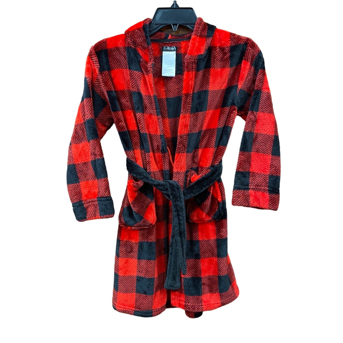 Cuddl Duds M 8/10 Youth Buffalo Plaid Plush Bath Robe Black Red Fuzzy Hooded