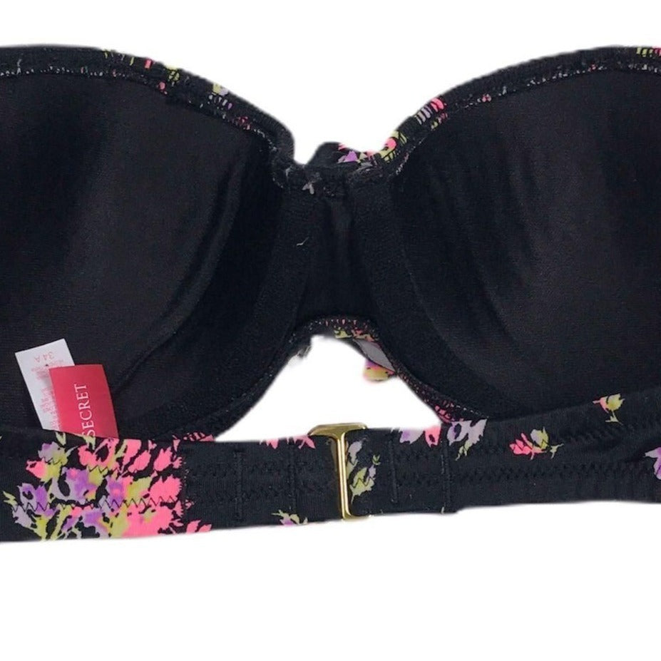 Victorias Secret 34A Ruffle Bandeau Bikini Top Pink Floral Black Polka Dot