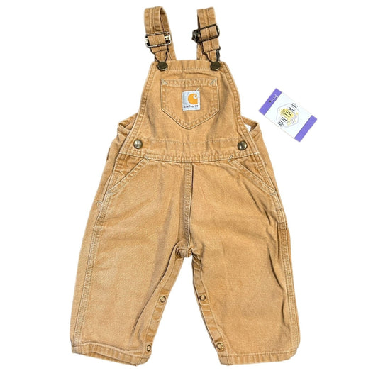 Vintage Carhartt Boys 18 Months Tan Overalls Front Pocket Buckle Closure Logo