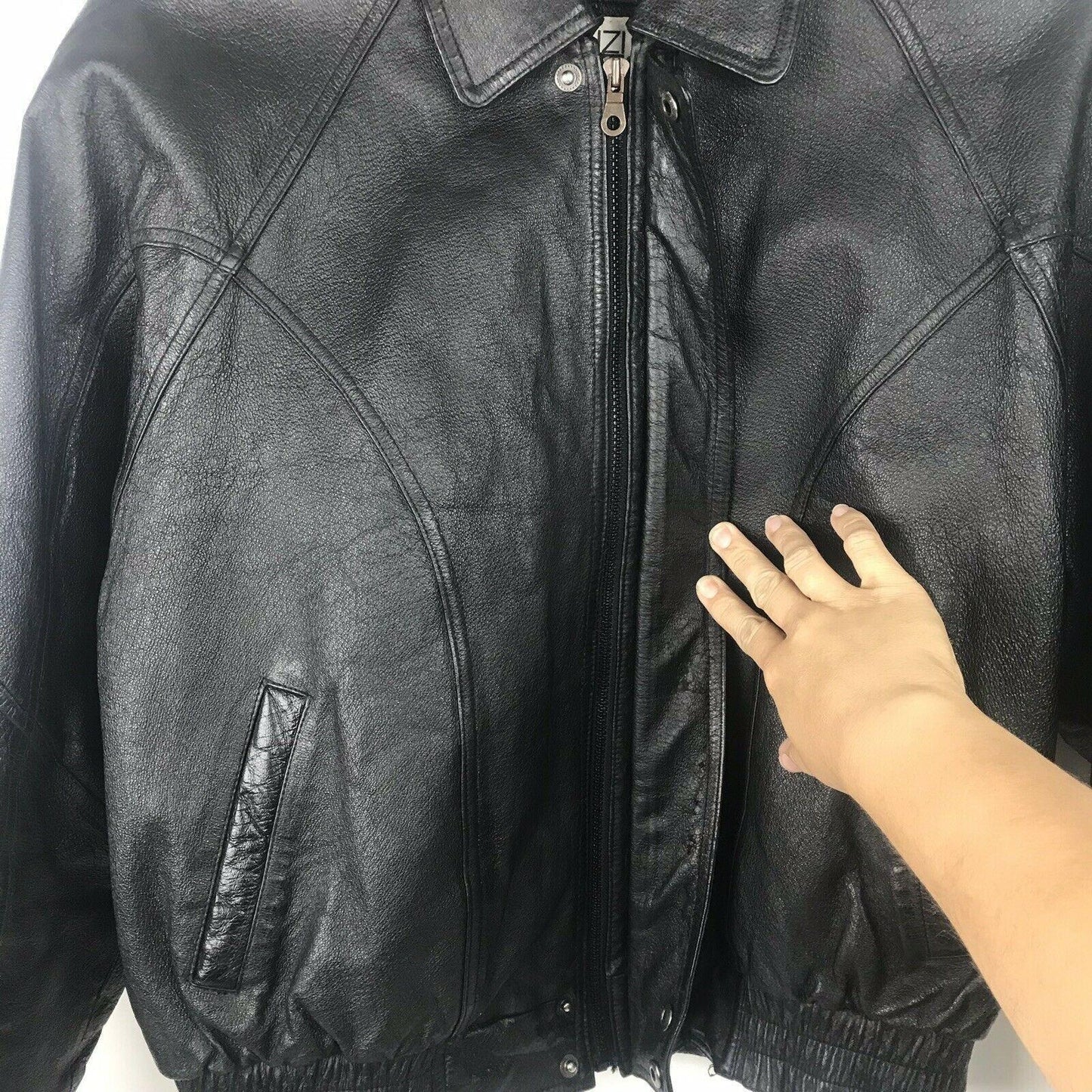 Vintage Florenzi Mens L Black Leather Jacket Bomber Biker Aviator Elastic Waist