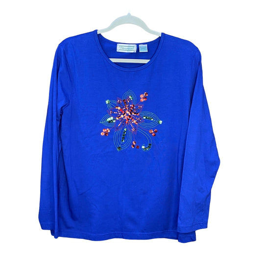 Poinsettia Xmas Tshirt Blue Sequin Embroidered Shenanigans Large Bling Glam Cozy