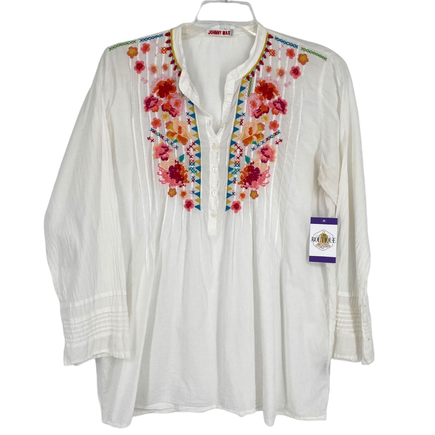 Johnny Was Womens L Boho Tunic Blouse White Floral Embroidery White Long Sleeve