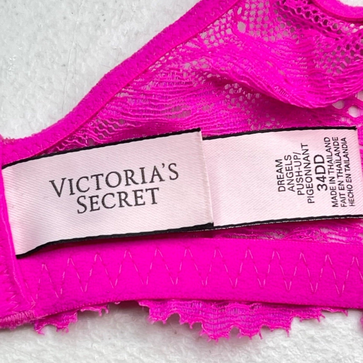 Victorias Secret 34DD Hot Pink Dream Angels Push Up Bra Lace Underwire Intimates