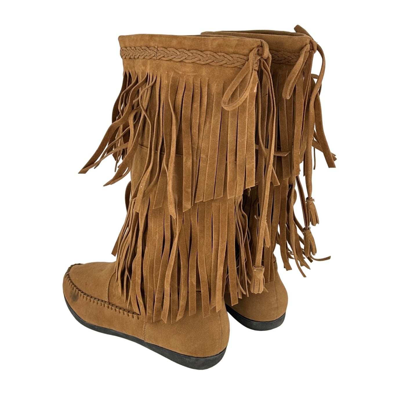 Rampage Womens 7.5 Cantrell Brown Fringe Pull On Boot Mid Calf Boho Hippie 70s