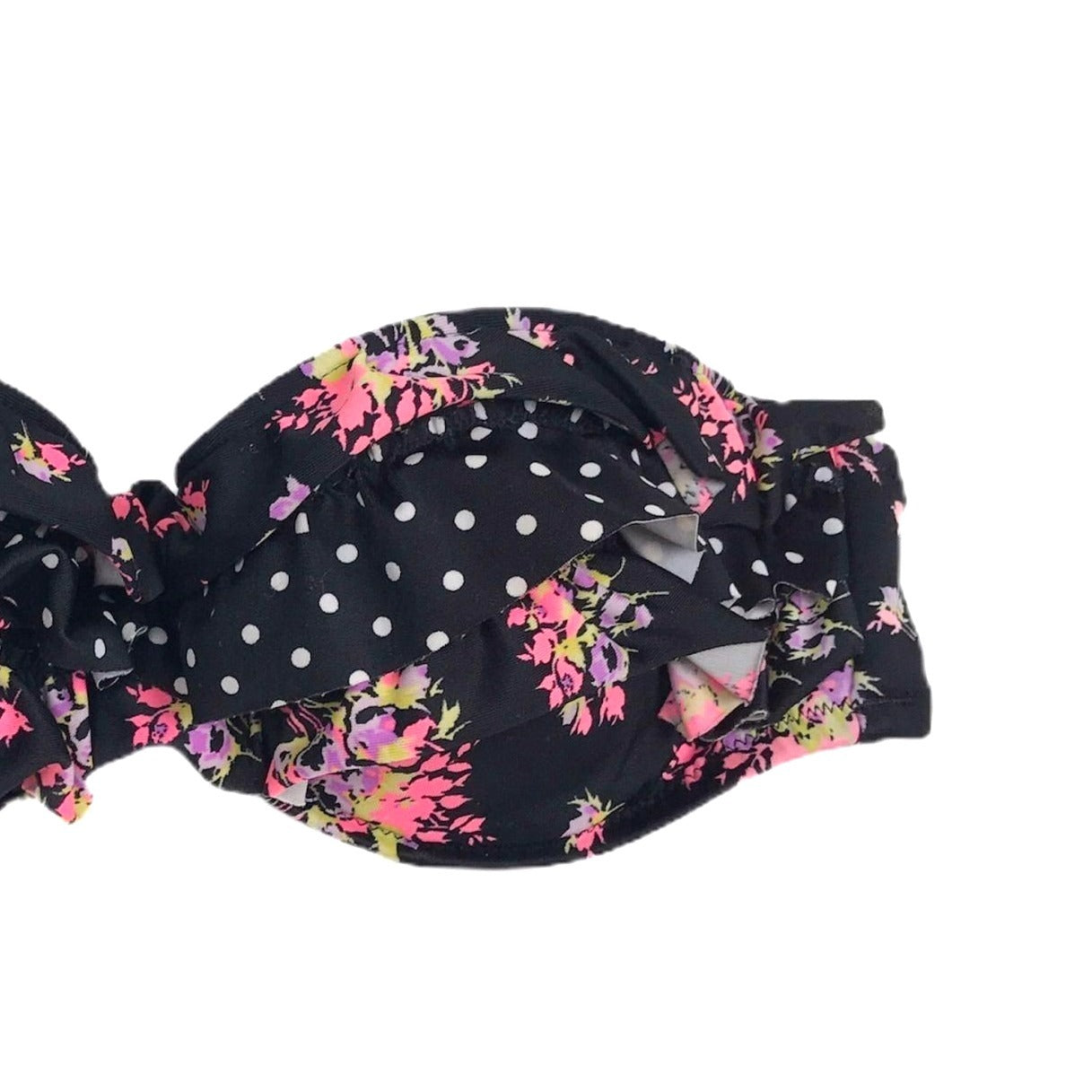 Victorias Secret 34A Ruffle Bandeau Bikini Top Pink Floral Black Polka Dot