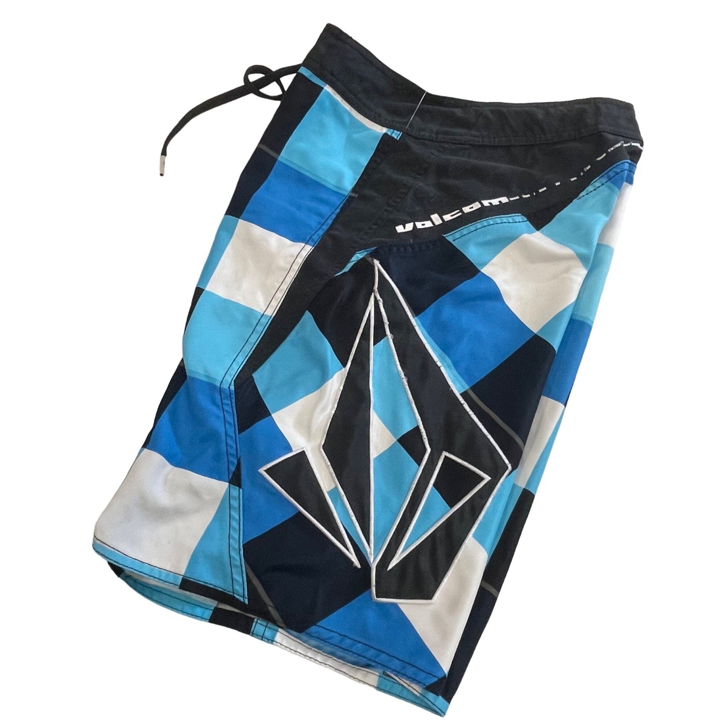 Volcom Boys 12 Blue Ice Plaid Boardshorts Swim Surf Trunks Pocket Logo Spellout