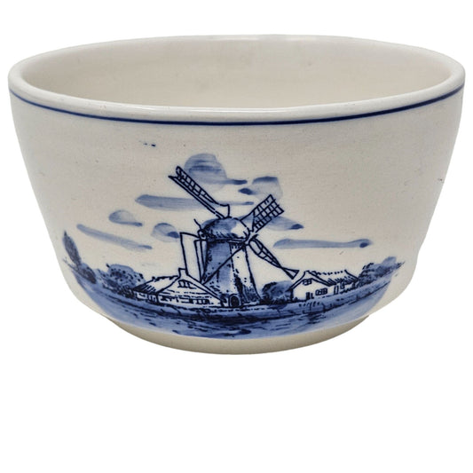 Vintage Delfts Handpainted Ceramic Bowl Windmill Boat White Blue 3" Tall 5" Wide