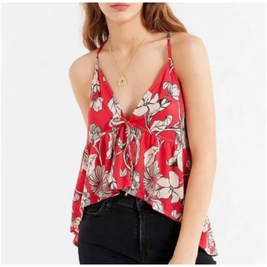 Urban Outfitters Womens  M Red Alice Floral Boho Peplum Tie Tank Top Festival