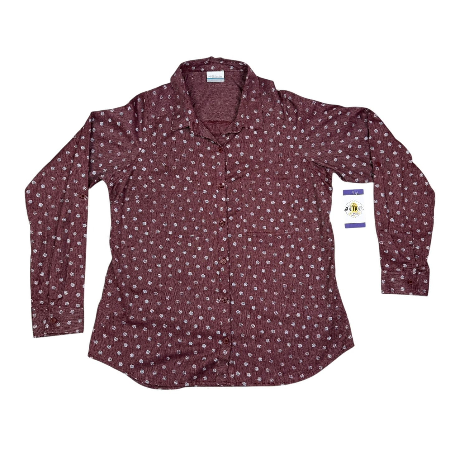 Columbia Shirt Out and About Burgundy Polka Dot Roll Tab Long Sleeve Button Up