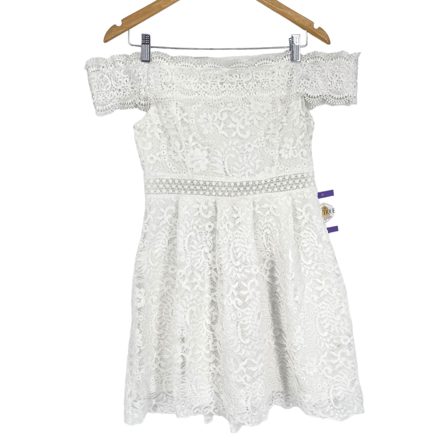 Francescas M White Lace Mini Dress Fit Flare Off Shoulder F17D412-B Lined Zip