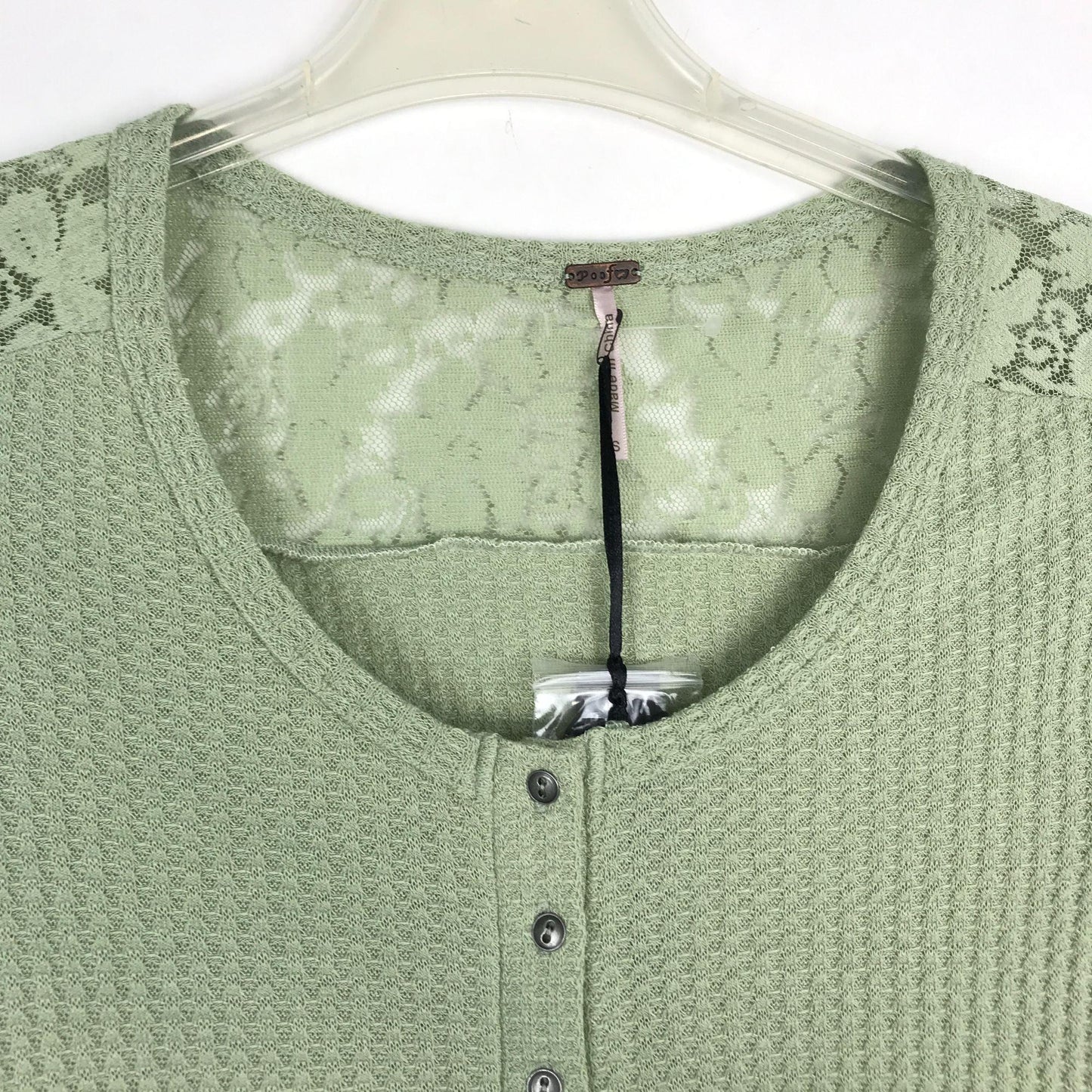 NWT Poof S Sage Green Boho Top Waffle Knit Lace Long Sleeve Round Neck High Low