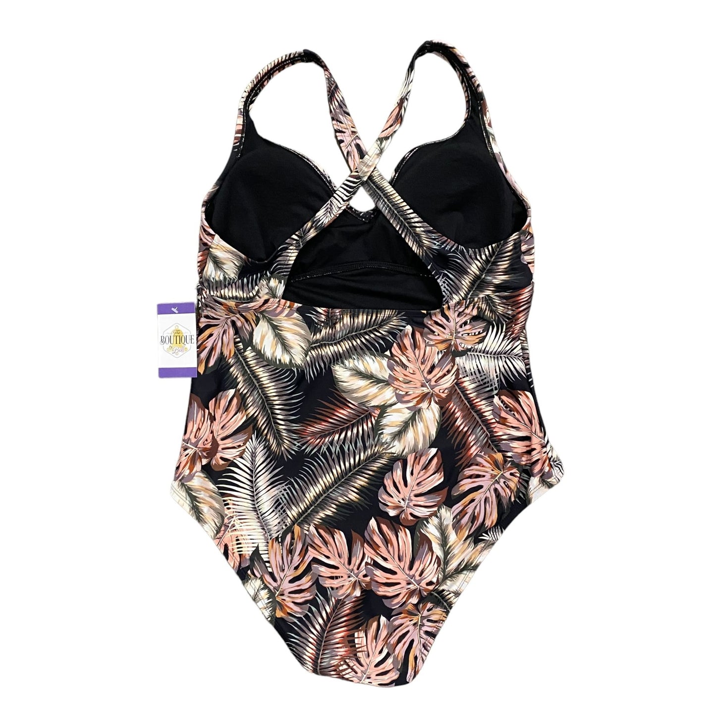 Hurley Womens XXL Tropical Print One Piece Swimsuit Leaf CrissCross Back Black