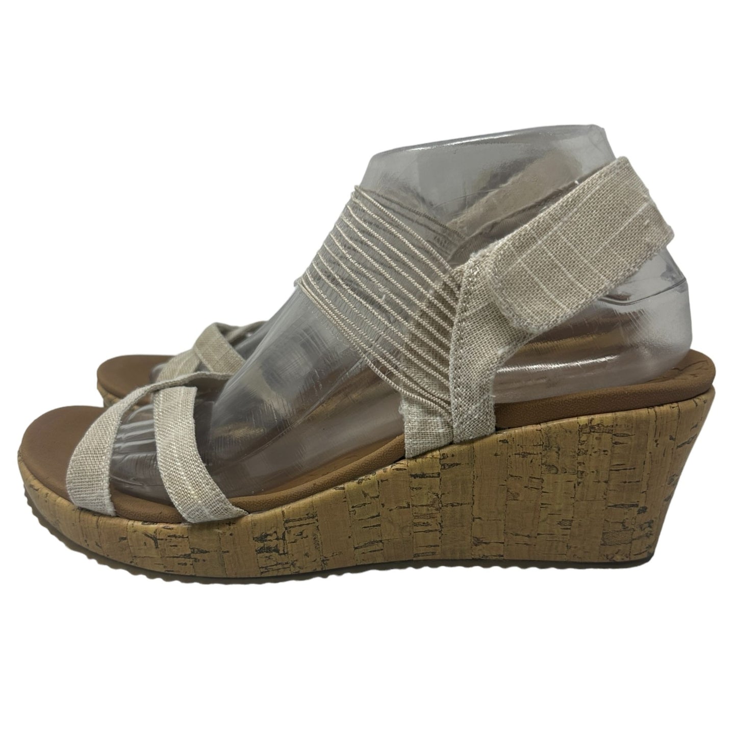 Skechers Womens 9 Beverlee Sandals Ankle Strappy Wedge Heel Beige Tan Luxe Foam