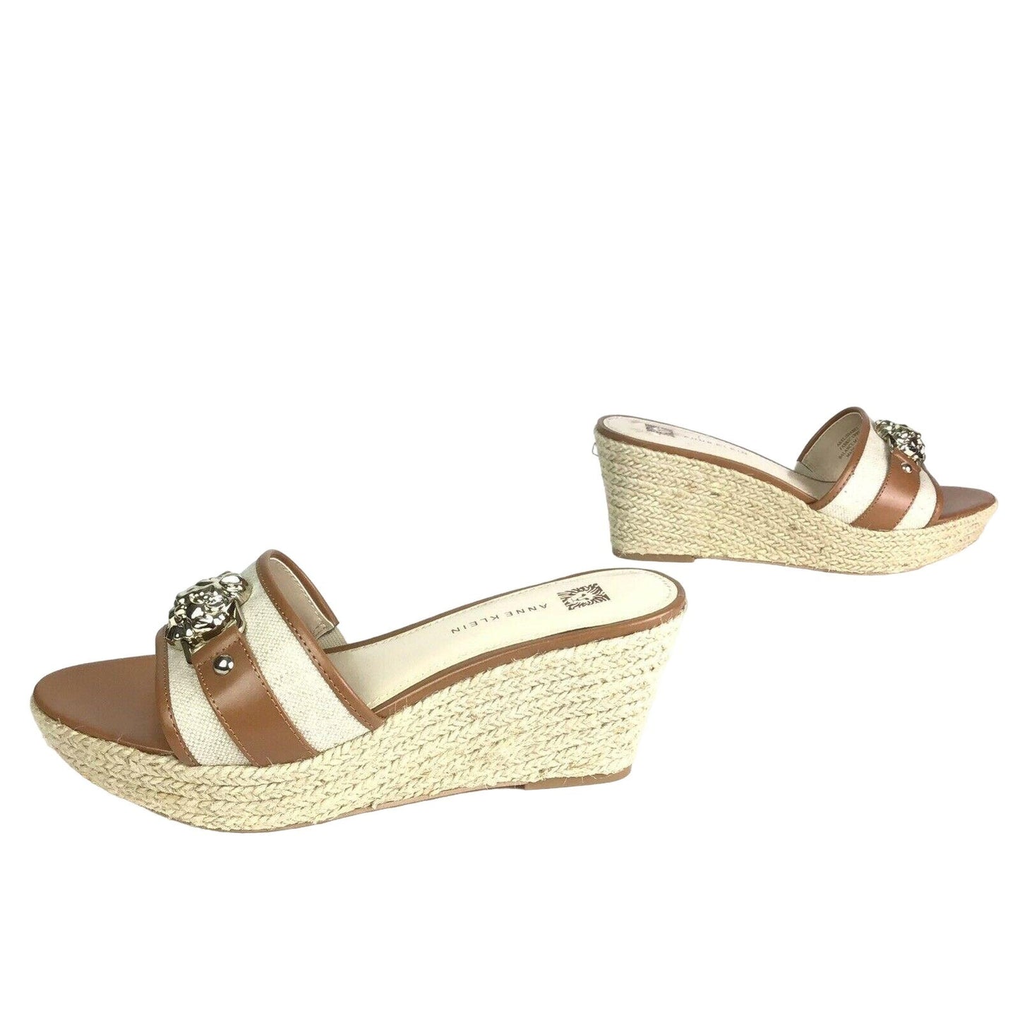 Anne Klein 8M Elissabet Gold Lion Head Espadrilles Tan White Sandal Wedges NEW