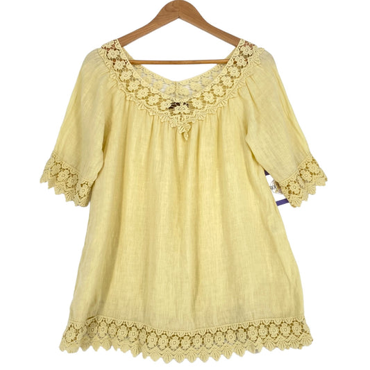 Piazza Roma XS Yellow Linen Top Crochet Lace Blouse Boho Bohemian Made in Italy