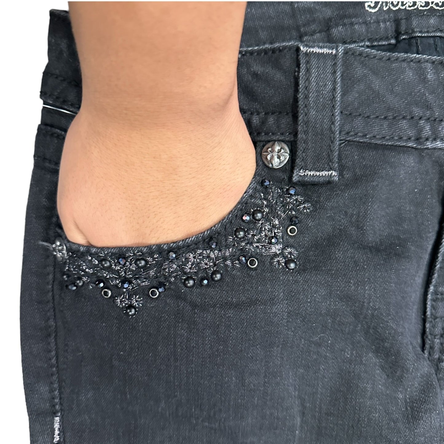 Miss Me 28 Black Signature Cuffed Skinny Jeans Embroidered Beaded Studs Bling