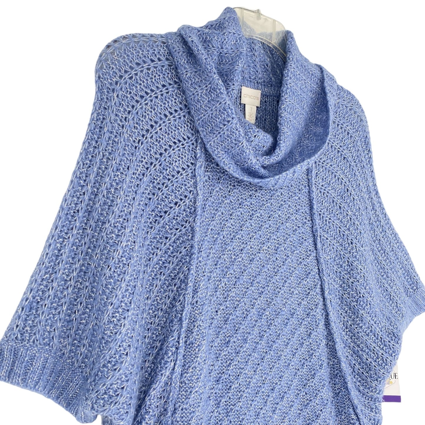 Chicos M Blue Sweater Silver Metallic Dolman Sleeve Cowl Neck Loose Knit