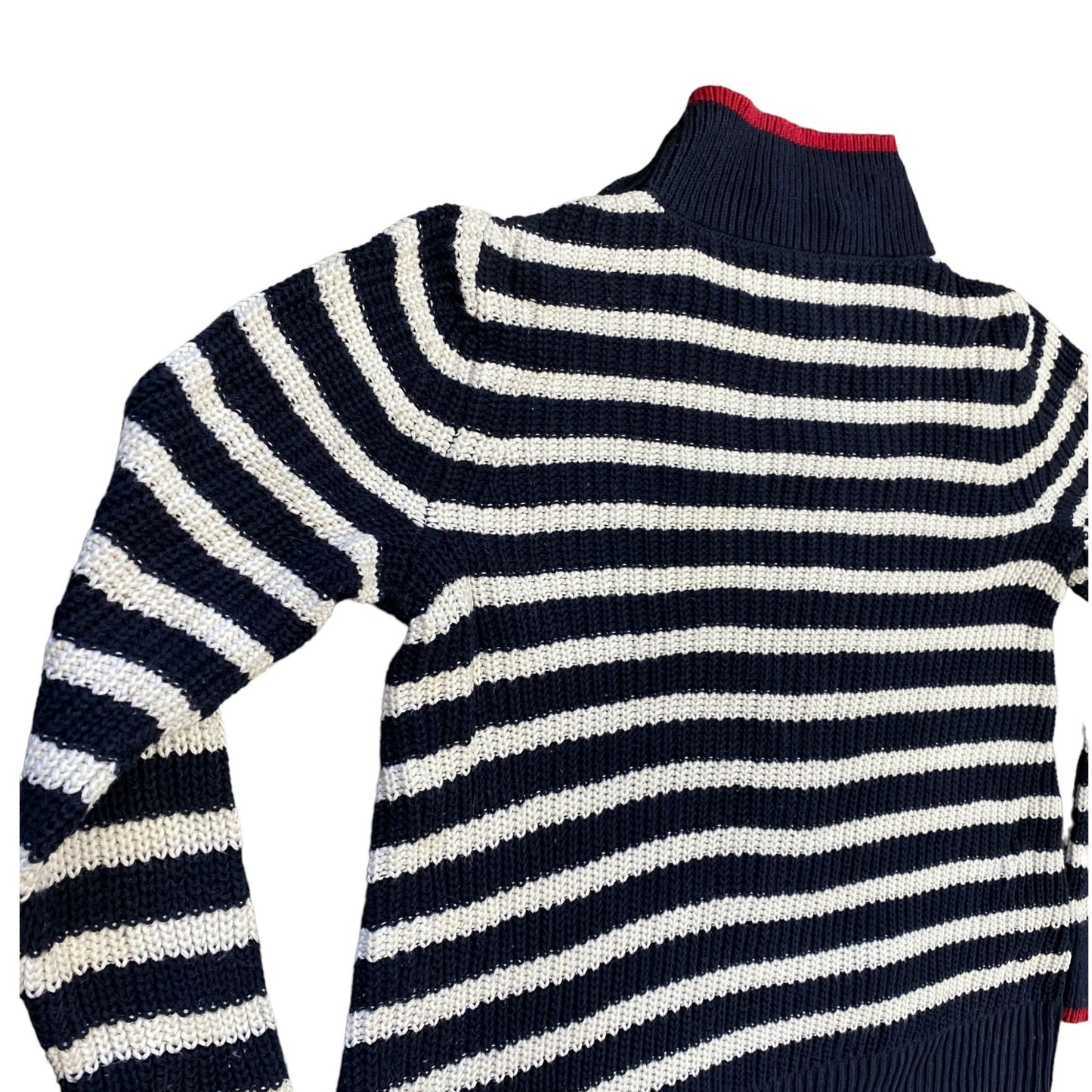 LOFT S Striped Sweater Blue Red White Mock Neck Boyfriend Cable Knit Ribbed