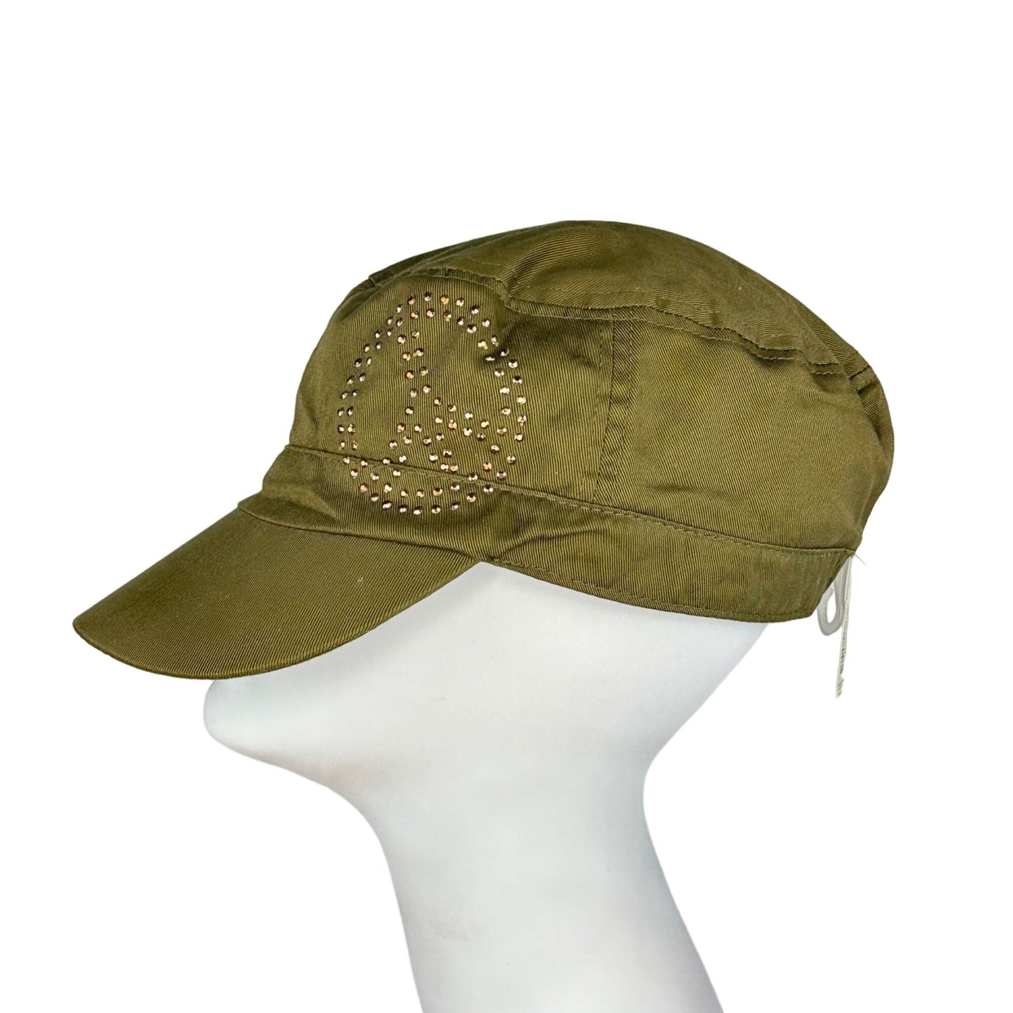 NWT Womens Olive Green Cadet Cap Hat Peace Rhinestone One Size Small Bill