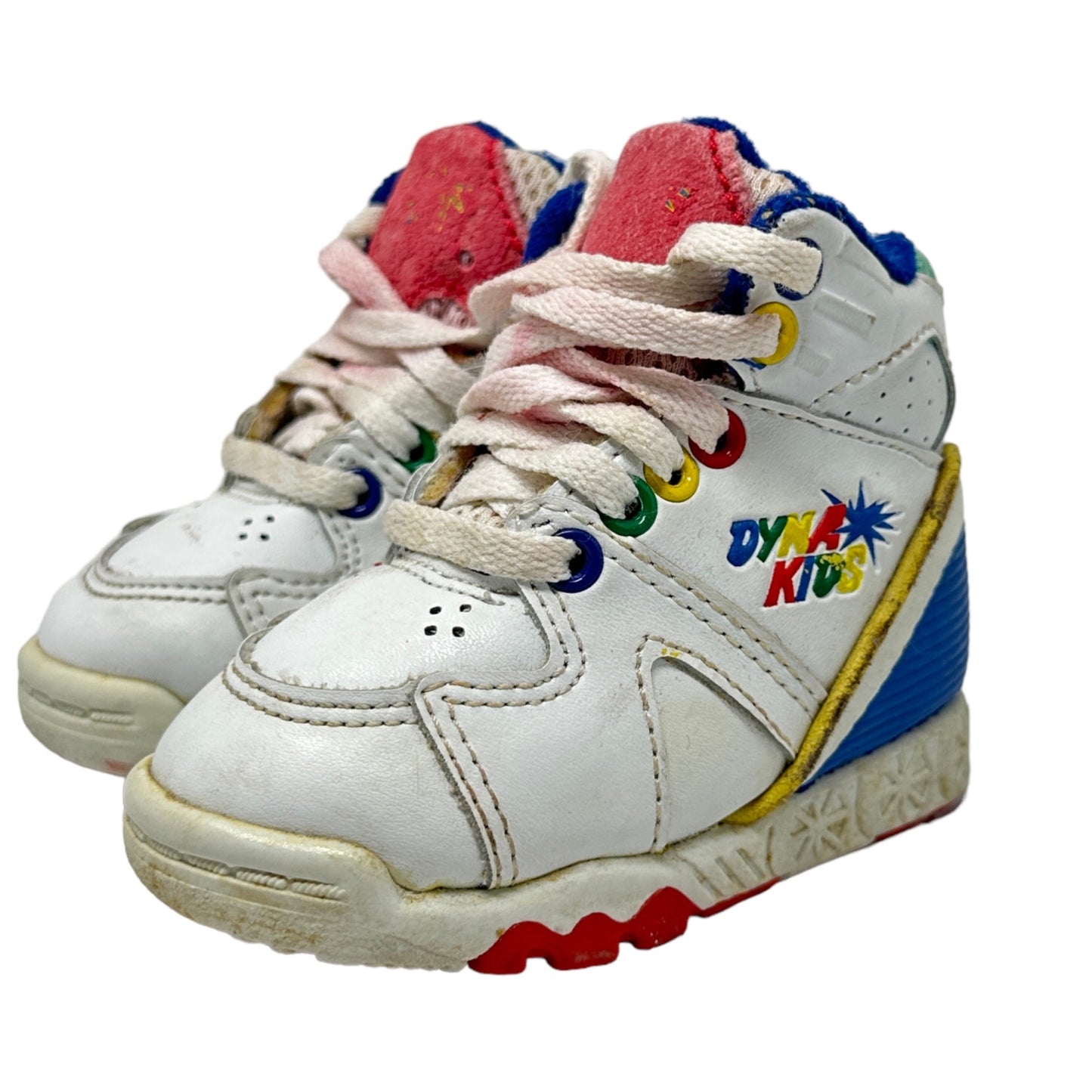 Vintage Dyna Kids Baby 3 Lace Up Sneakers White Red Blue Yellow Tennis Shoes