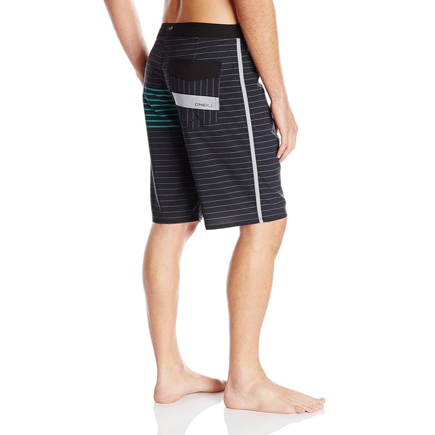 Oneill Mens 32 Baktoodafewchur Boardshort Striped Black 4 Way Stretch Drawstring