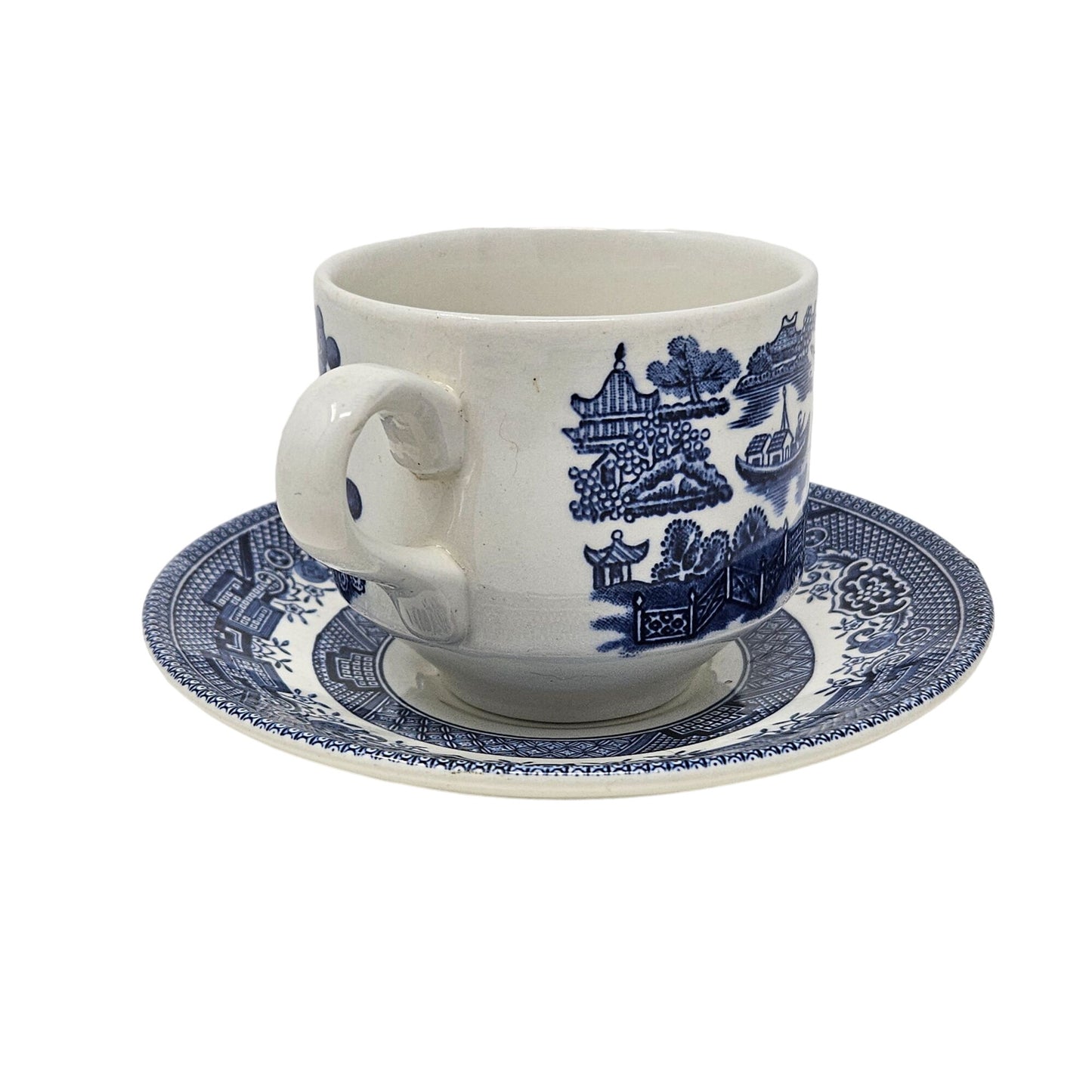 Vintage Churchill Blue White Willow Tea Cup and Saucer Set of 2 England 1950s