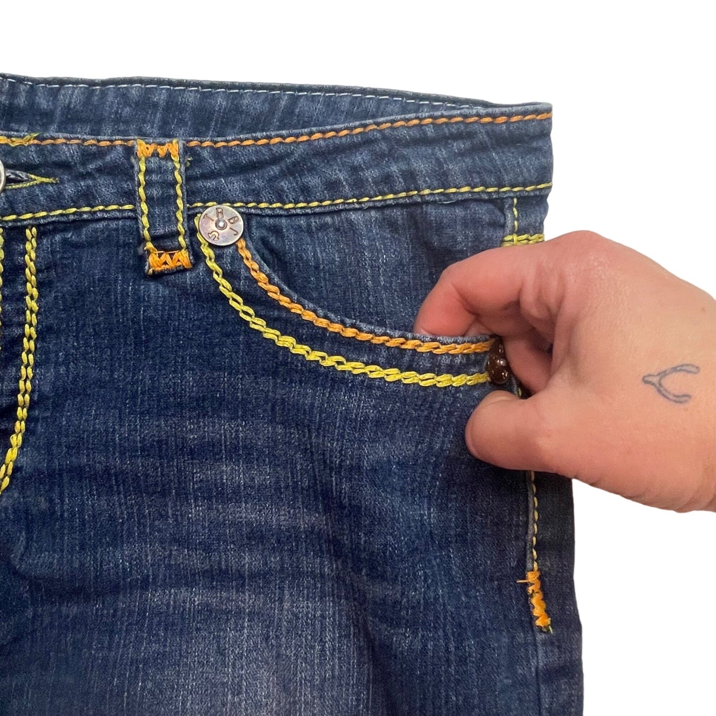 True Religion Womens 32 Joey Super T Shorts Blue Denim Thick Yellow Stitching