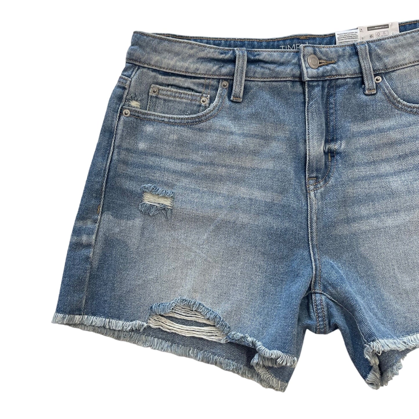 NWT Time and Tru 6 Blue Denim Shorts High Rise Distressed Raw Hem 3.5" Inseam