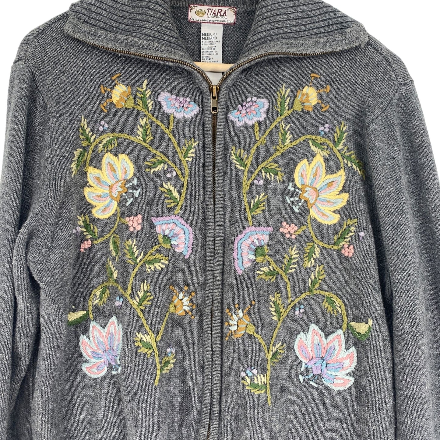 Vintage Tiara Womens M Grey Cardigan Floral Embroidered Full Zip Sweater Cottage