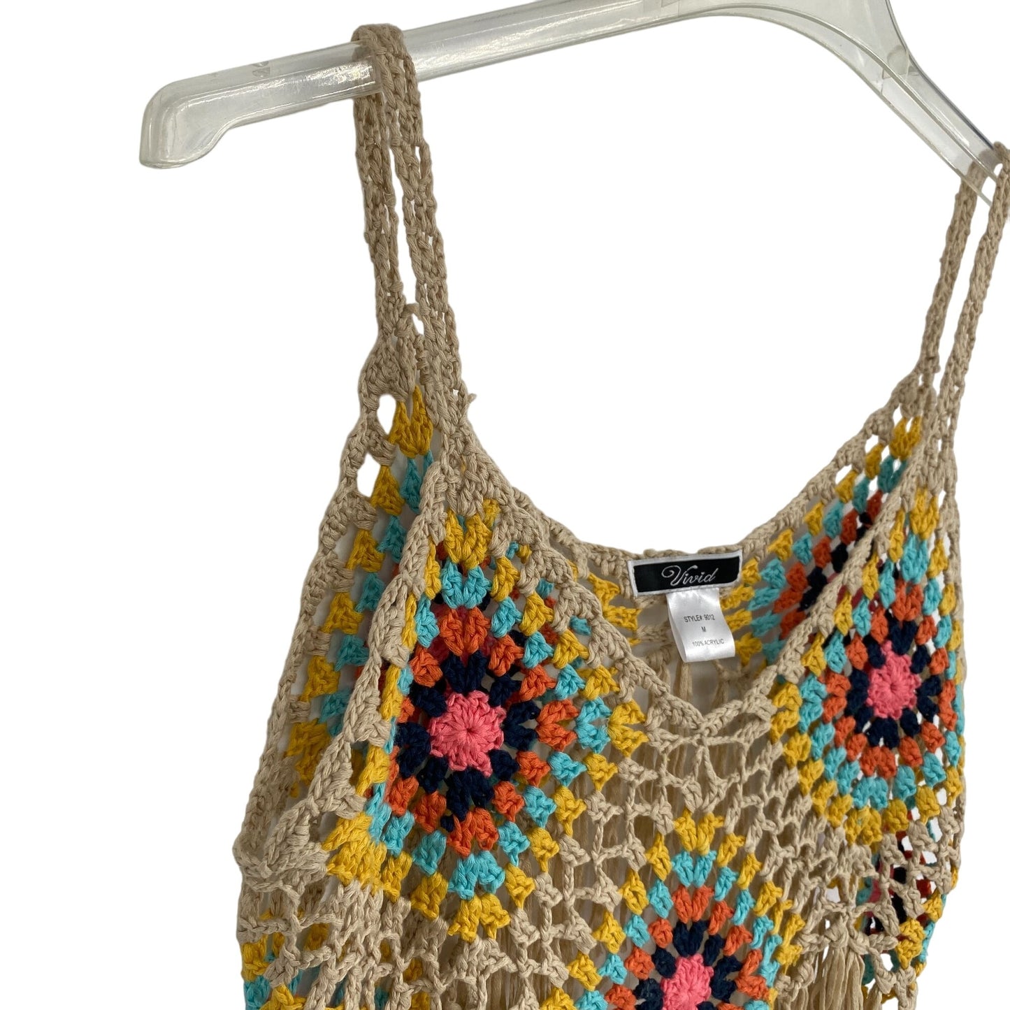 Vivid M Boho Crochet Fringe Tank Top Multicolored Patchwork Handcrafted Design