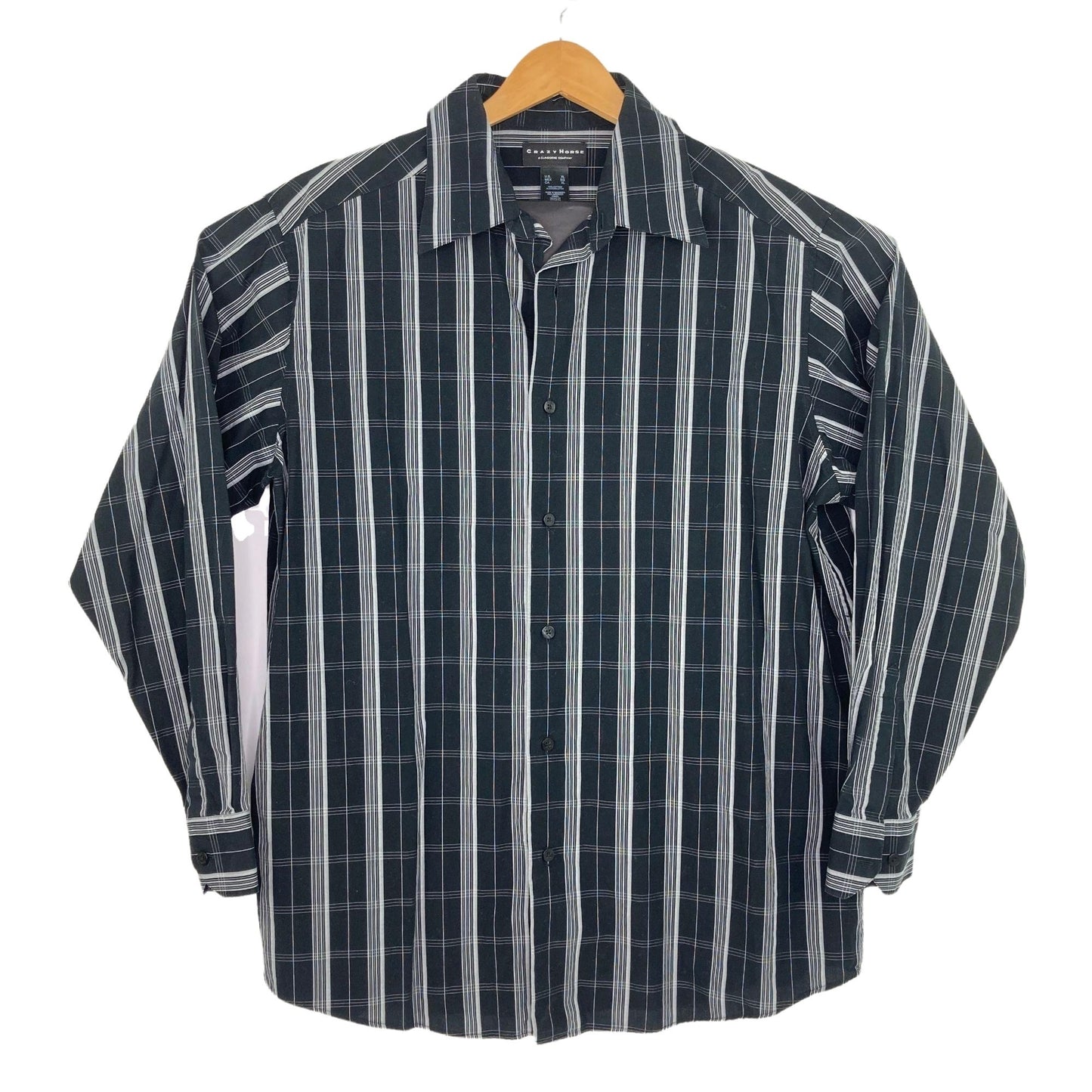 Crazy Horse XL Front Button Up Collared Shirt Black Gray Plaid Long Sleeve Work