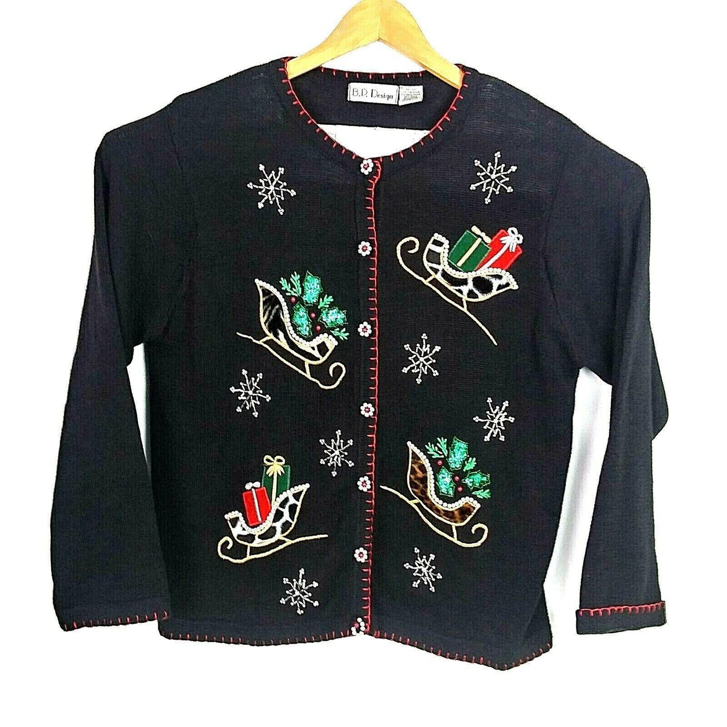 BP Design Womens L Beaded Ugly Christmas Cardigan Holiday Sweater Black Sleigh