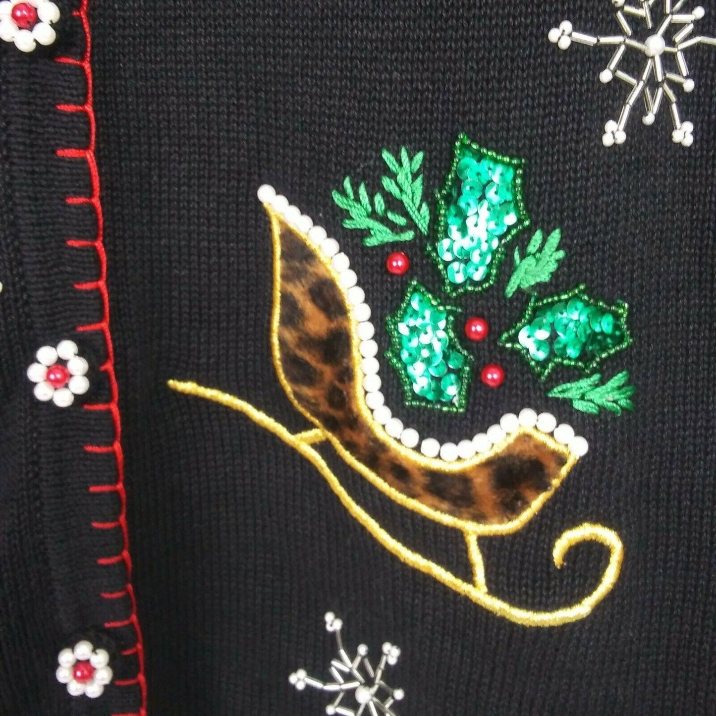 BP Design Womens L Beaded Ugly Christmas Cardigan Holiday Sweater Black Sleigh