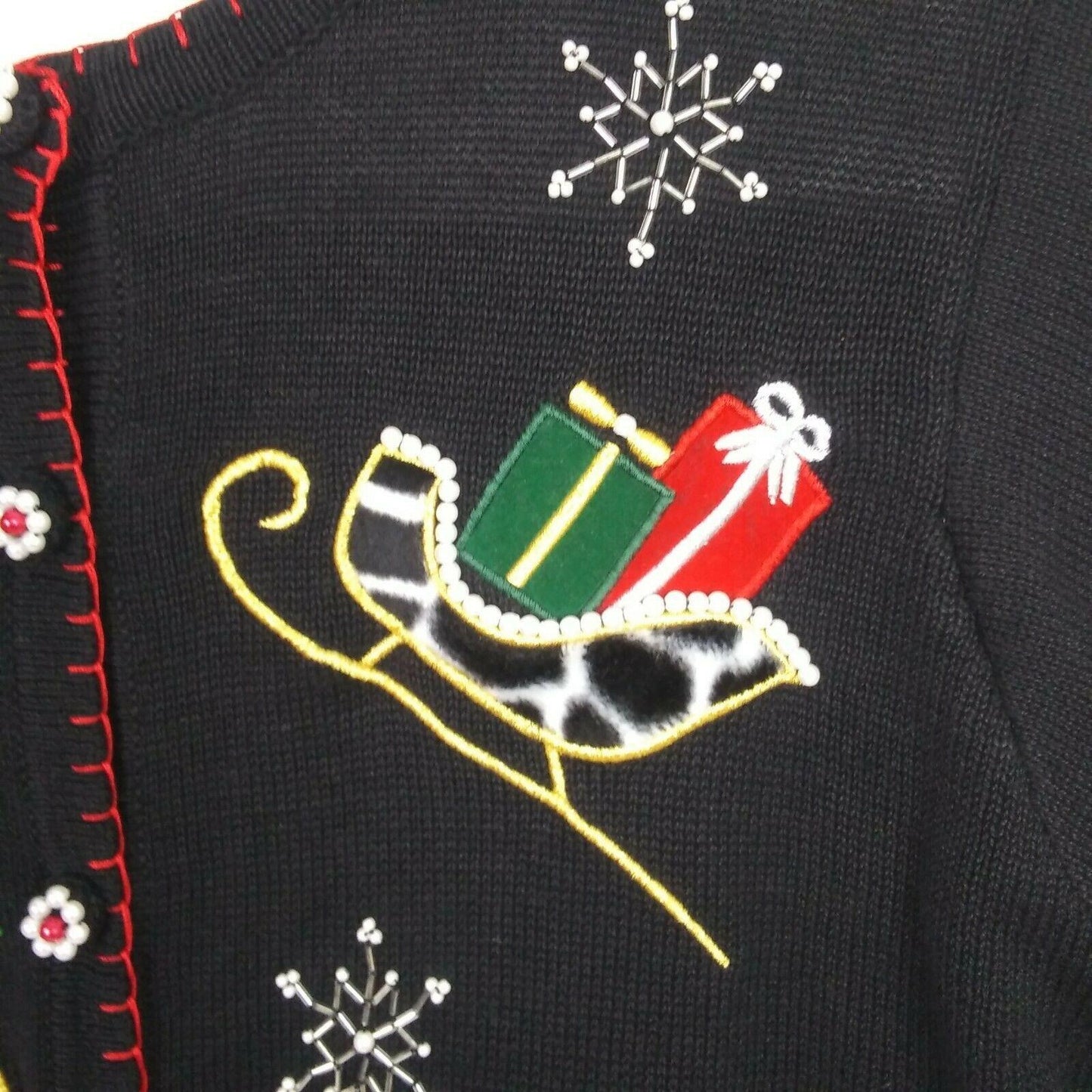 BP Design Womens L Beaded Ugly Christmas Cardigan Holiday Sweater Black Sleigh