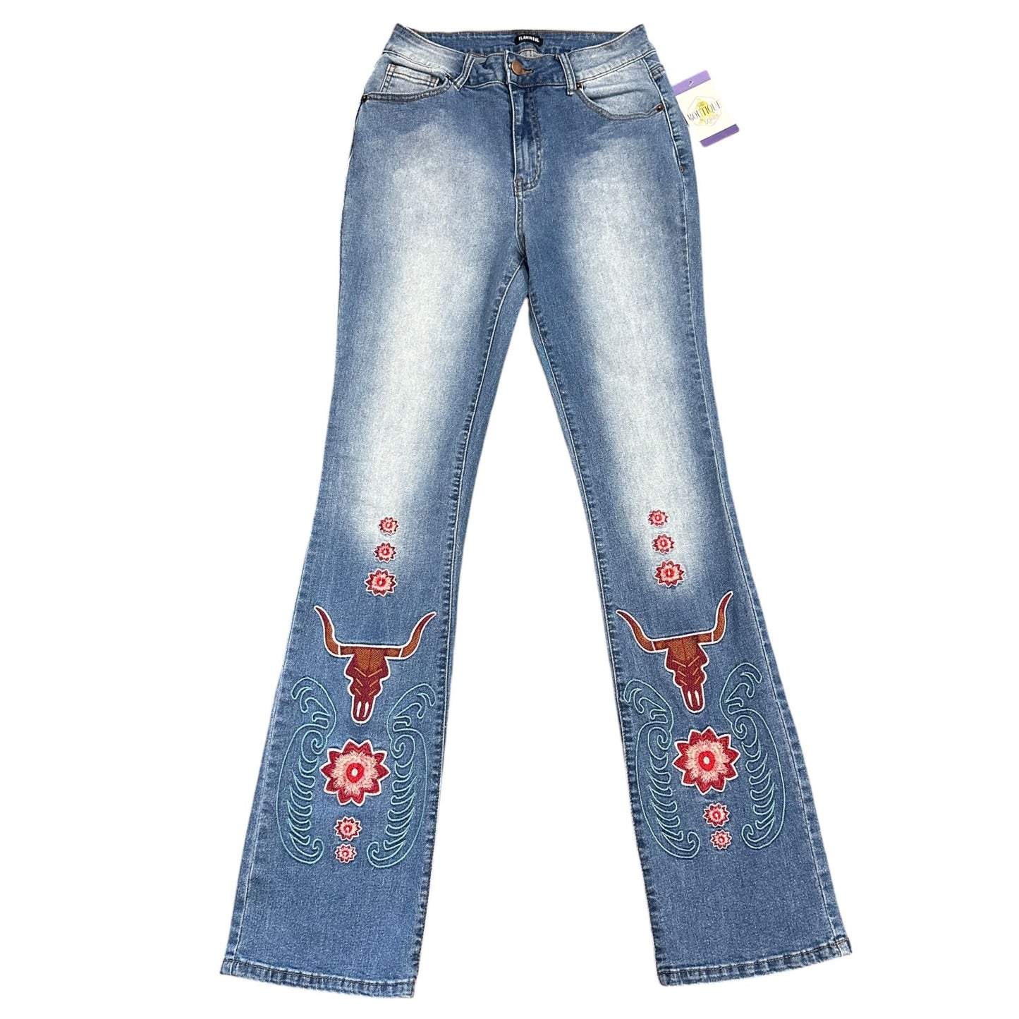Flamingal Embroidered High Rise Flared Jeans Bull Floral Southwestern Womens S