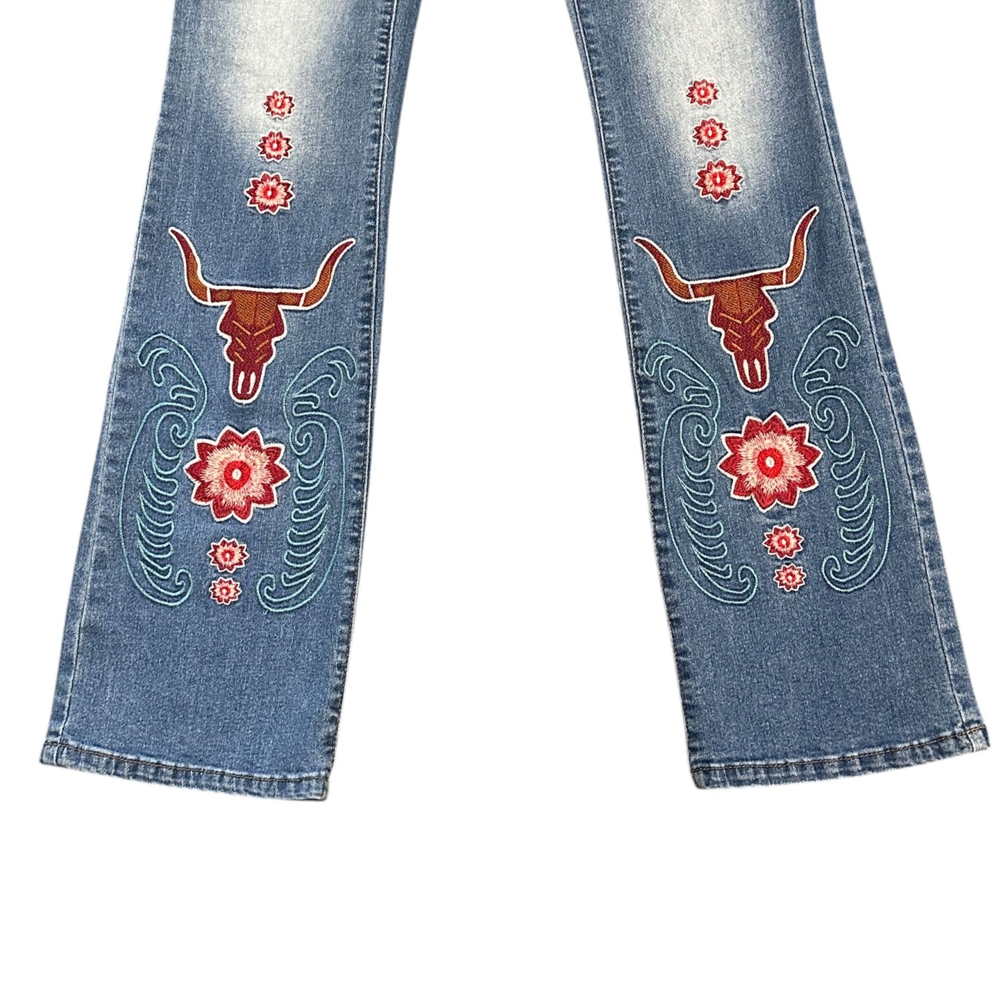 Flamingal Embroidered High Rise Flared Jeans Bull Floral Southwestern Womens S