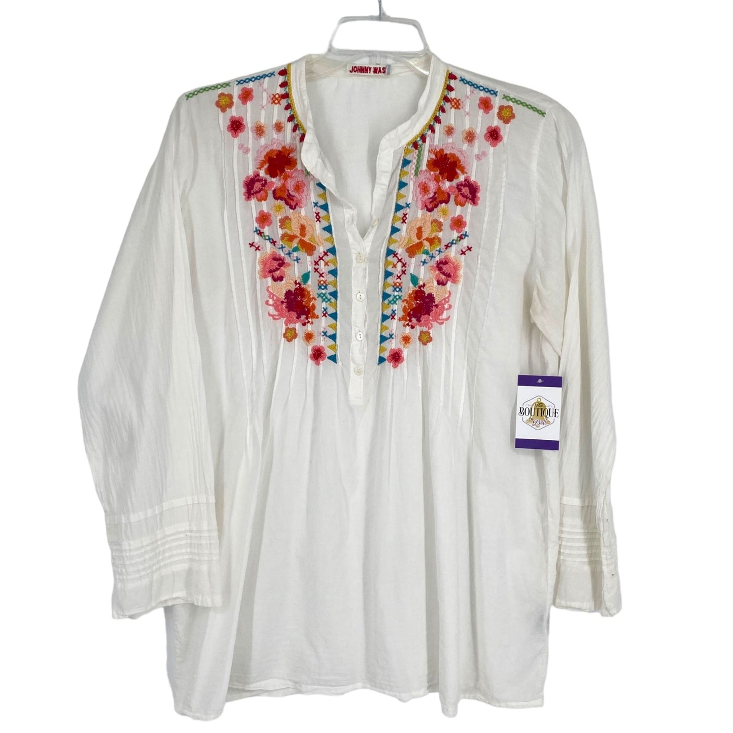 Johnny Was Womens L Boho Tunic Blouse White Floral Embroidery White Long Sleeve