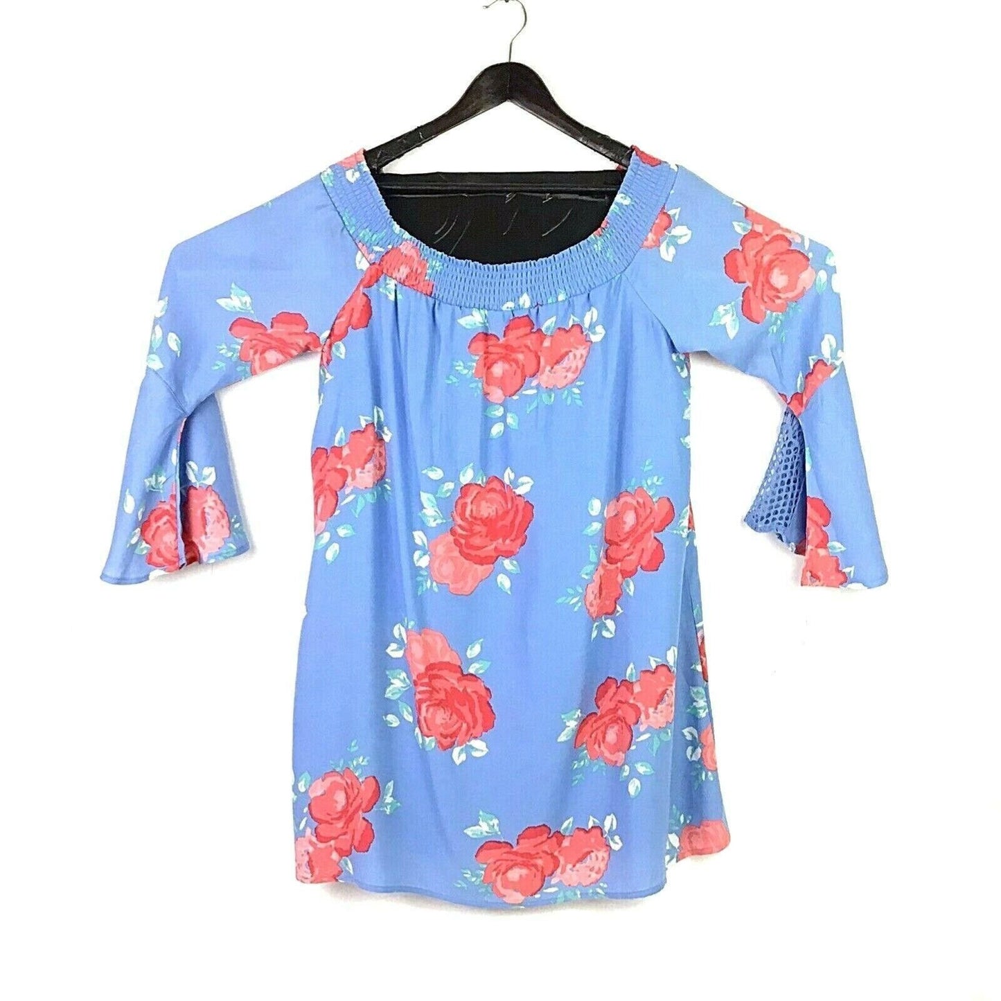 NWT Sequin Hearts XL Blue Floral Rose Blouse Roses Off Shoulder Bell Sleeves