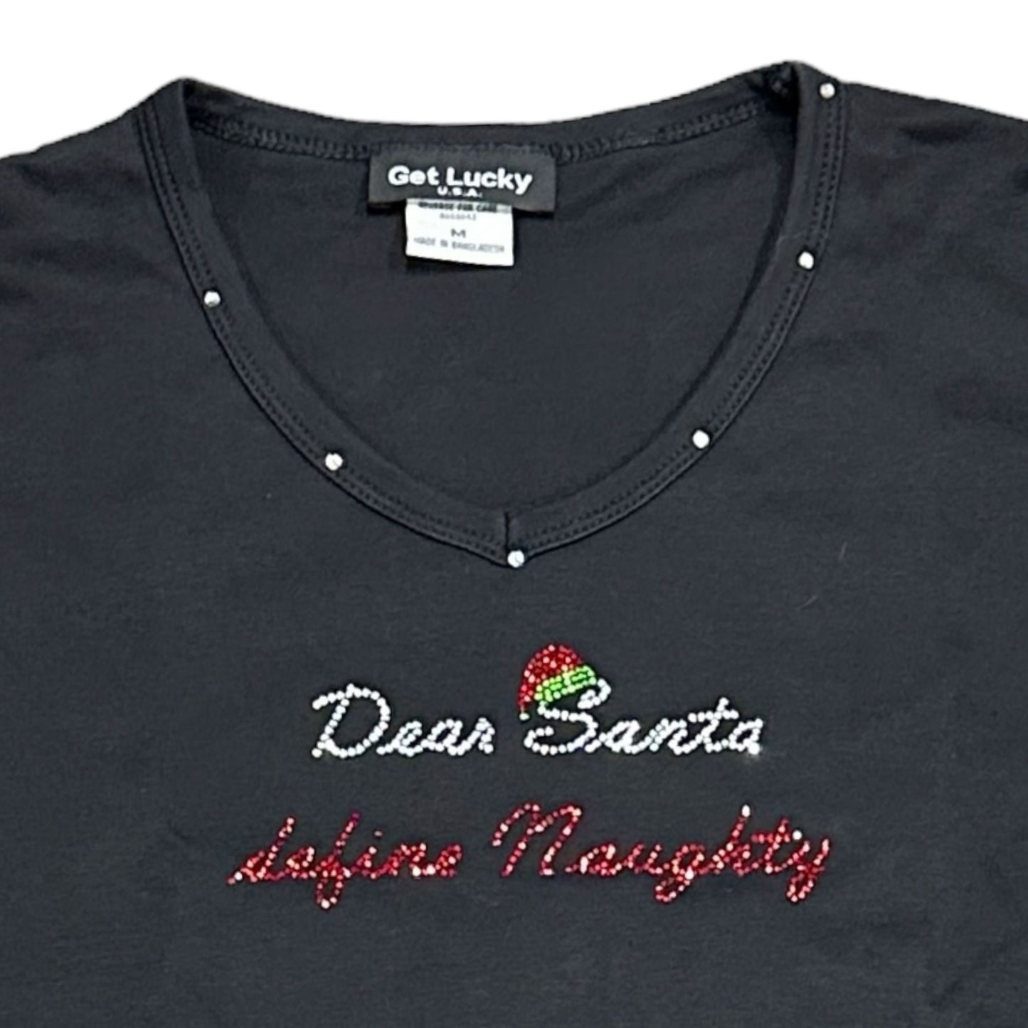 Get Lucky M Top "Dear Santa Define Naughty" Bling Rhinestones Vneck Long Sleeve