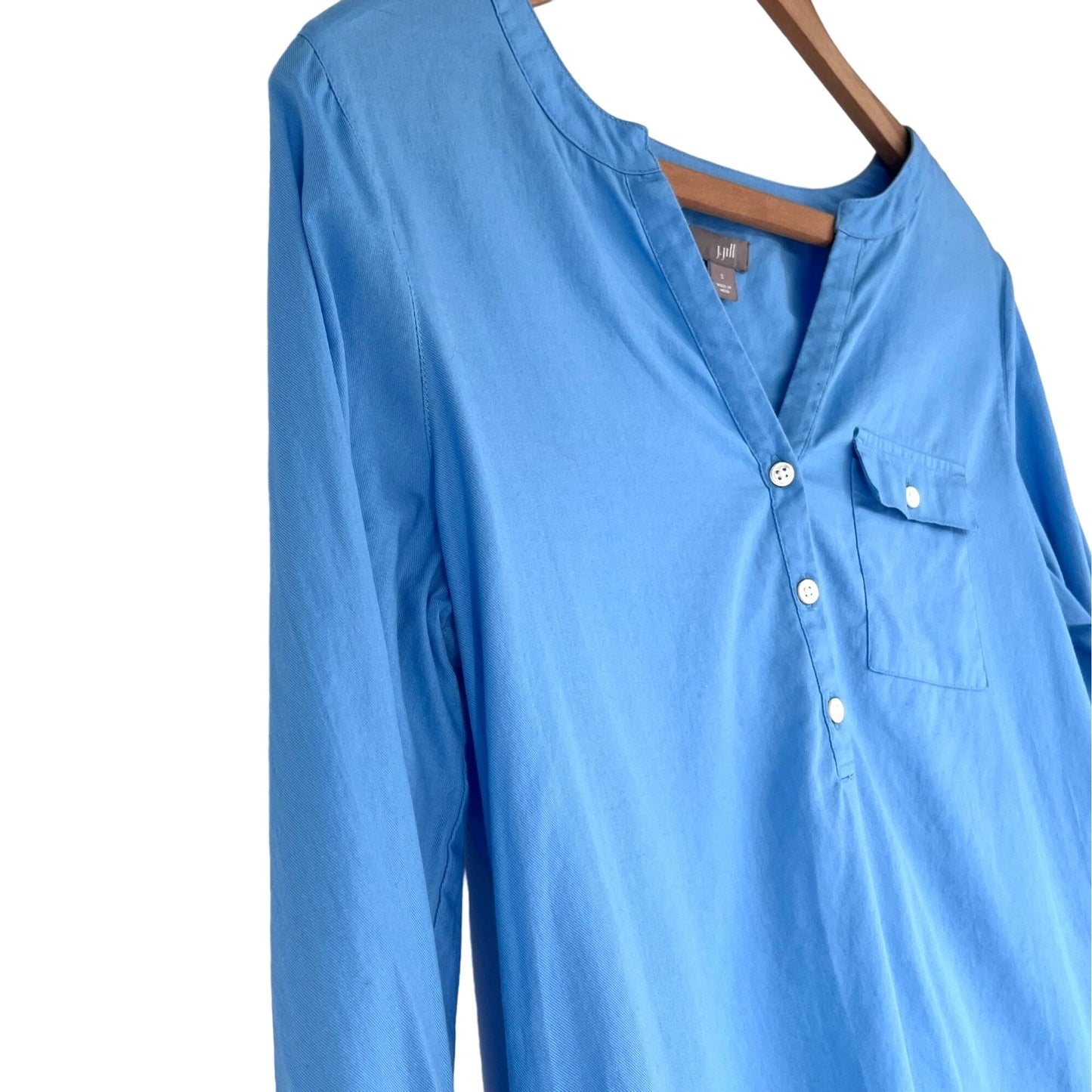 J Jill S Blue Blouse Vneck 1/4 Button Pullover Roll Tap Sleeve Cotton Tunic Top