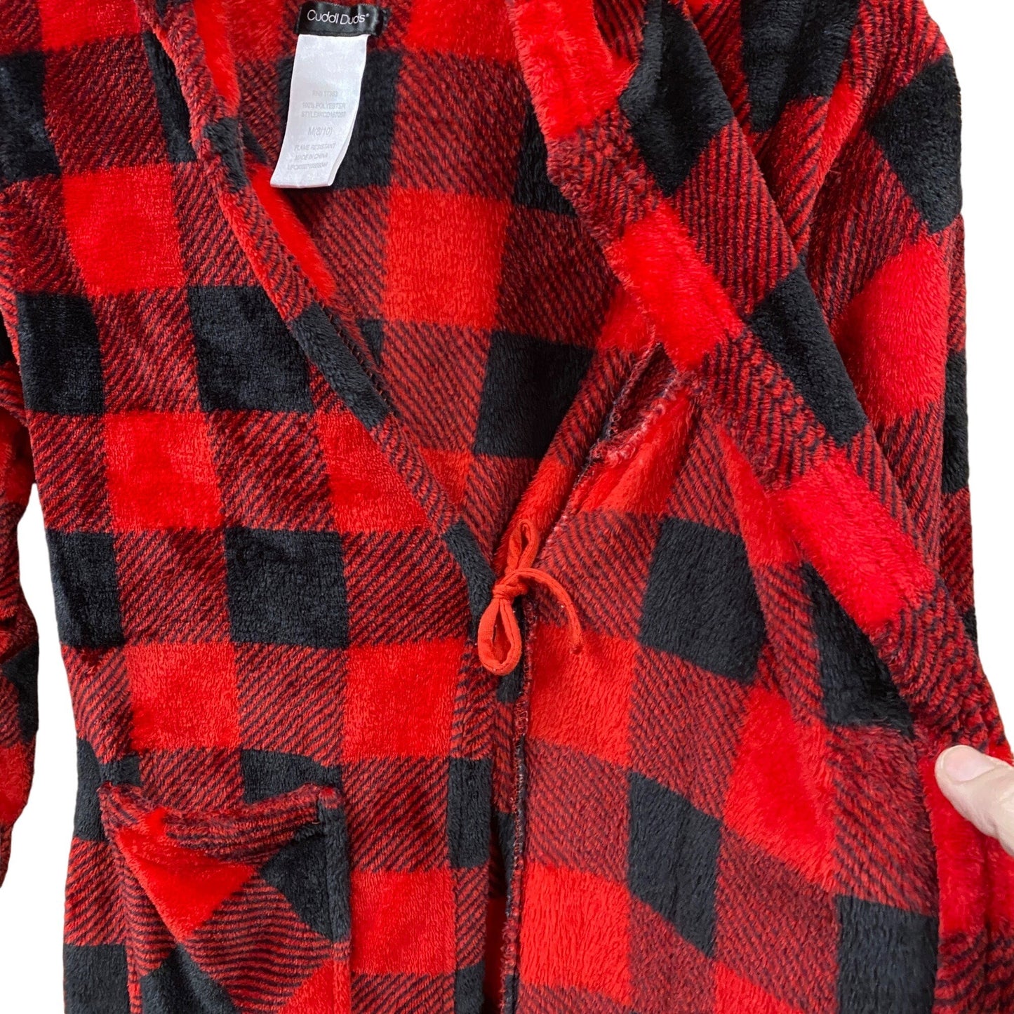 Cuddl Duds M 8/10 Youth Buffalo Plaid Plush Bath Robe Black Red Fuzzy Hooded